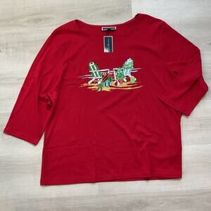 Karen Scott Womens Long Sleeve Crewneck Christmas Tee Beach Vibe Red 3X NWT